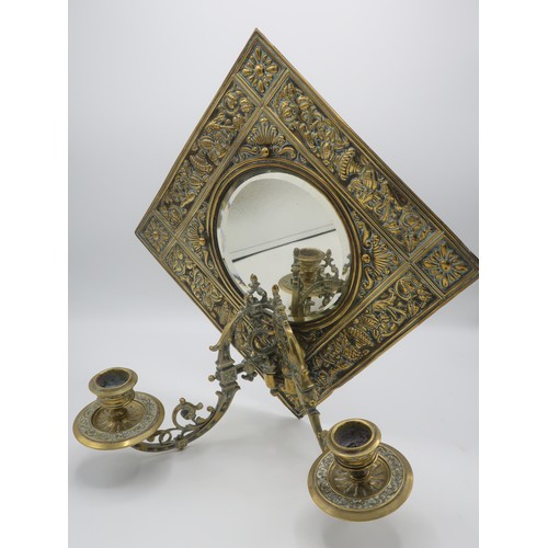 1259 - Victorian brass girandole mirror, circular plate in floral scroll border square frame, two scrolled ... 
