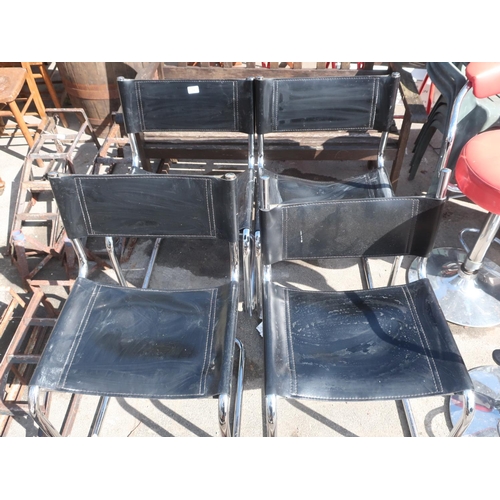 14 - Set of four metal frame chairs with leather seats and backs