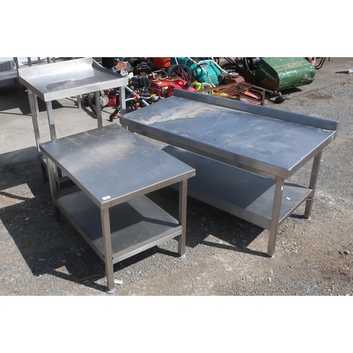 27 - Three small commercial kitchen benches (84cm x 60cm x60cm) ( 81cm x 57cm x 55cm) (120cm x 60cm x 60c... 