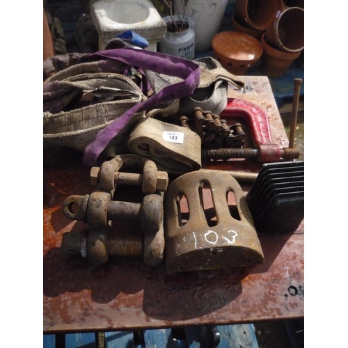 103 - Three bolt clamps, ratchet straps, forge steel G clamp etc