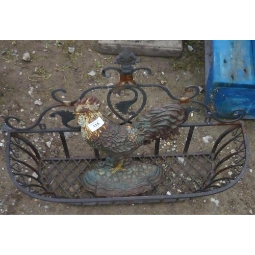 115 - Iron wall mounting planter and an iron doorstop in the shape of a cockerel