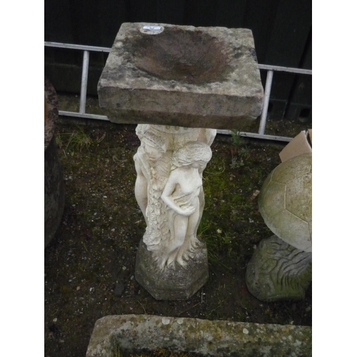 95 - Sandstone bird bath with semi clad beauties, H78cm