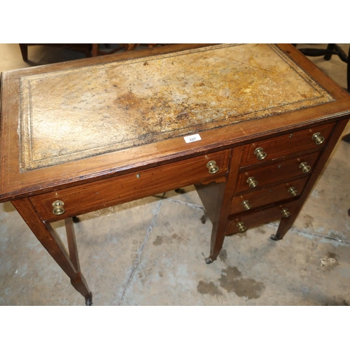 302 - Edwardian inlaid mahogany single pedestal writing desk, with inset leather top above one long and fo... 
