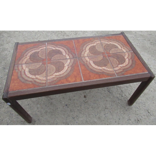 314 - Mid century rectangular coffee table, top inset with eight tiles of styalised floral design, H40cm W... 