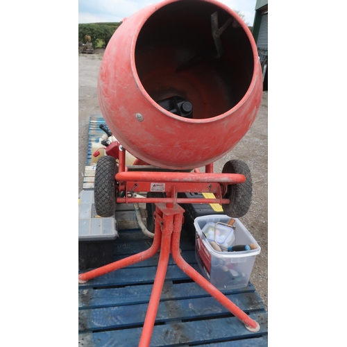 298 - Electric cement mixer with wheels and stand, two 5l containers of mortar plasticiser and a metal whe... 