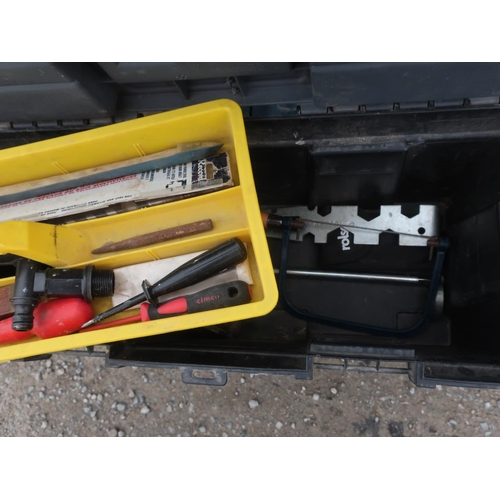 300 - Toolbox containing a variety of tools including screwdrivers, saw, plane, etc