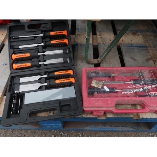 301 - Tooltronix collection of chisels with sharpener and a box containing some bevel edged chisels