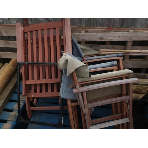 313 - Four directors chairs and two wooden garden recliners