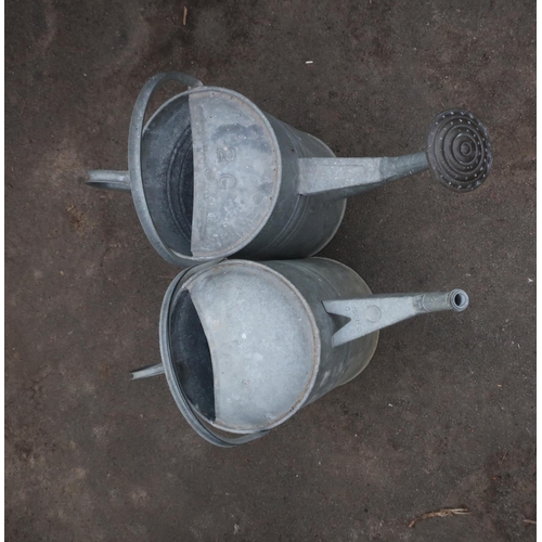 323 - Pair of two gallon galvanised watering cans, one with rose