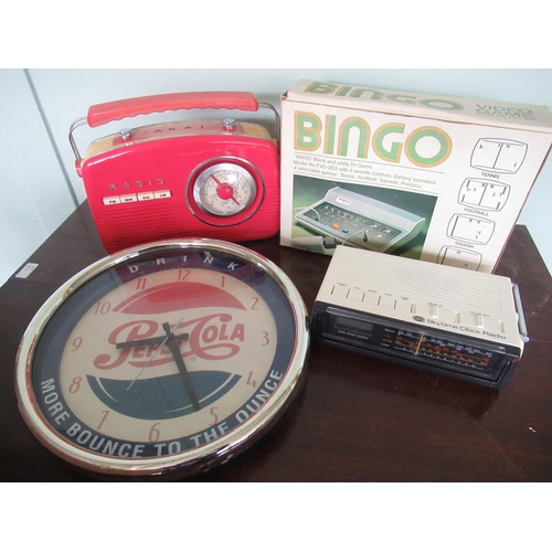 108 - Akai Retro style radio, Pepsi Cola wall clock, Ever Ready skytime radio clock and a retro bingo blac... 