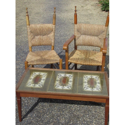 158 - Pair of beech framed open armchairs with rush seats and backs and a teak rectangular coffee table, t... 