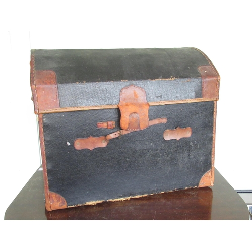 163 - Leather-bound two handled domed top painted canvas trunk W.70cm D.50cm H.60cm