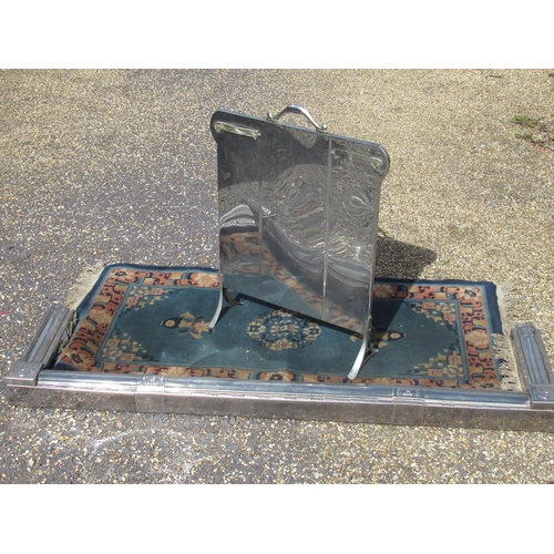 164 - Silvercraft fireguard with a similar fire curb and a small Chinese blue ground hearth rug (3)