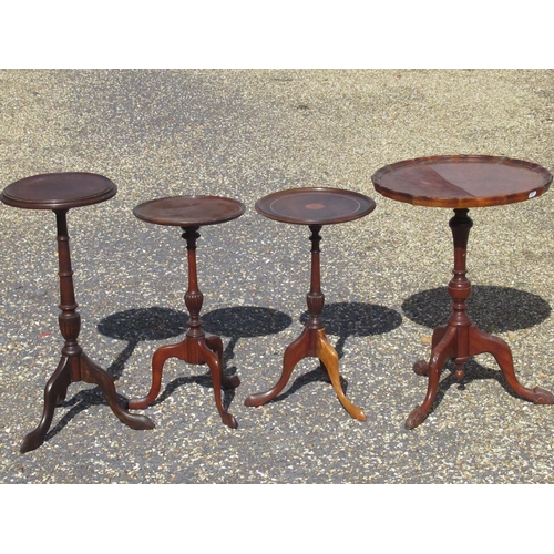 168 - Geo.11 style tripod wine table with burr walnut pie crust top, & three similar mahogany tables, D40c... 