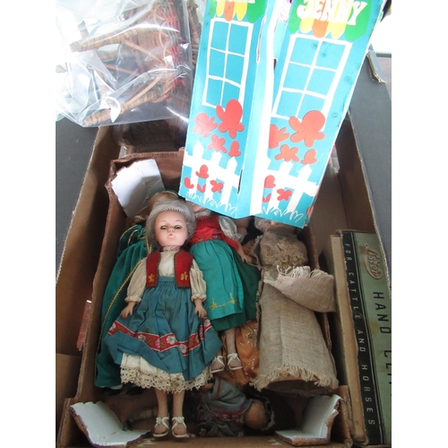 138 - Dolls house wicker conservatory suit, small selection of dolls circa 1960s