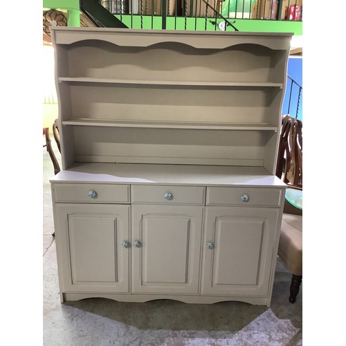 497 - Painted grey dresser with two shelves above thre drawers and three cupboards H166cm W135cm D45cm