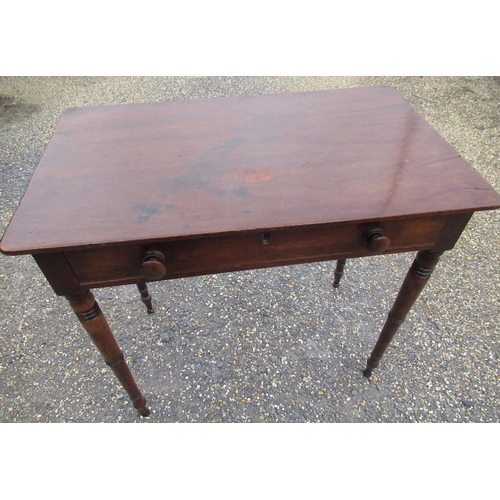 500 - 19th C mahogany single drawer side table with over hanging top, on ring turned tapering supports, W7... 