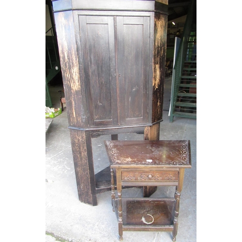 511 - Early 20th C stained oak corner cupboard with two doors on stand, W92cm H190cm and an oak two tier s... 
