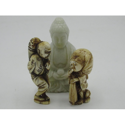 149 - Carved eastern hardstone figure of Buddha H6cm and two netsuki