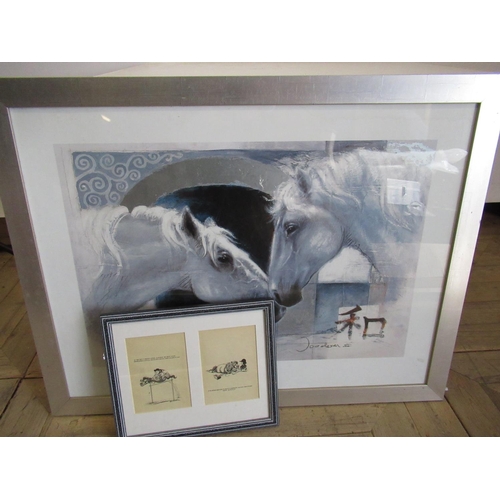 185 - Touching Horses, colour print, 59cm x 79cm and a 1970's Thelwell book page, (2)
