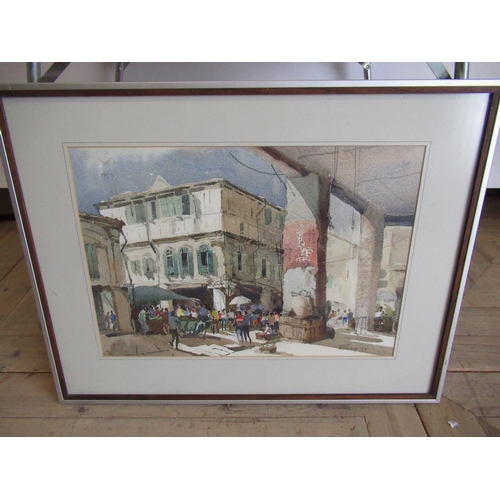 195 - Continental School (20th Century) Street Market with Figures, watercolour, indistinctly signed and d... 