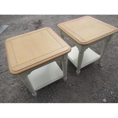 383 - Pair of cream rectangular two tier lamp tables with oak tops 50cm 50cm 56cm (2)