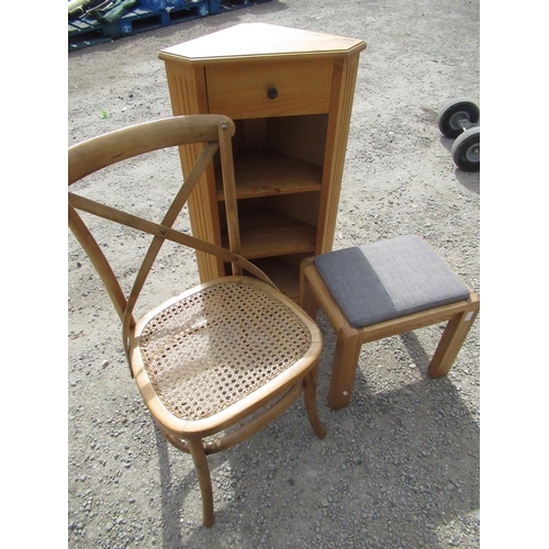 384 - Pine three tier corner unit with single drawer W55cm D32cm H98cm, a oak stool with drop in upholster... 