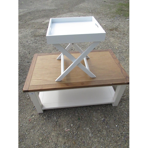 385 - White finish two tier rectangular coffee table with oak top W100cm D660cm H45cm and a folding butler... 