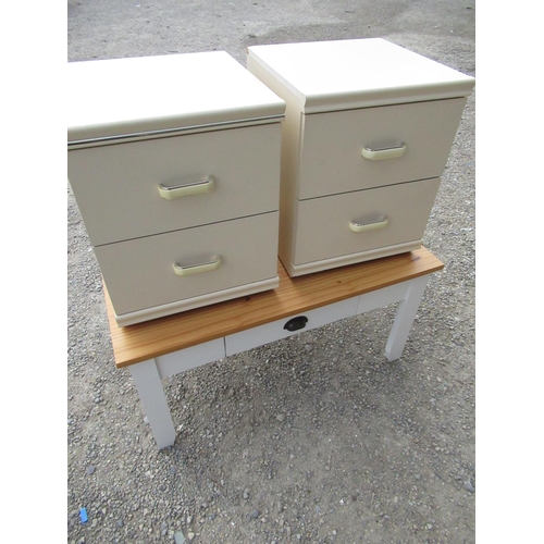 386 - Rectangular coffee table with pine finished top and a pair of laminate two drawer bedside chest (3)