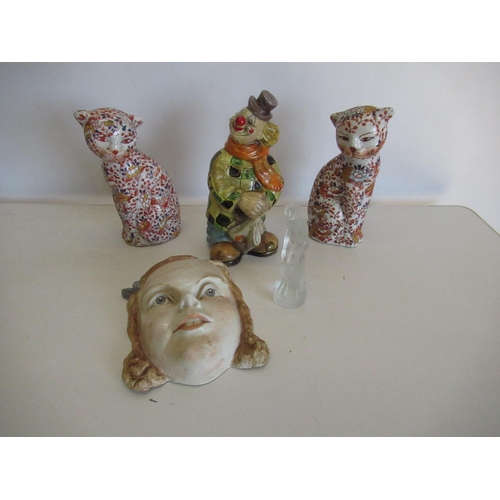 413 - Pair of 20th C porcelain cats with Imari decoration, continental figure of a clown and a Lalique sty... 