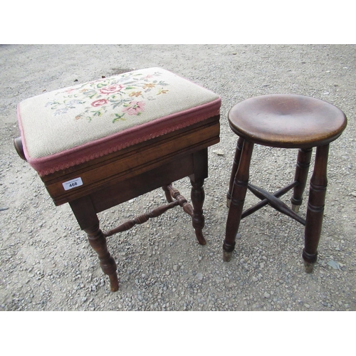 468 - Victorian rectangular piano stool, with adjustable needlework top on turned supports with similar st... 