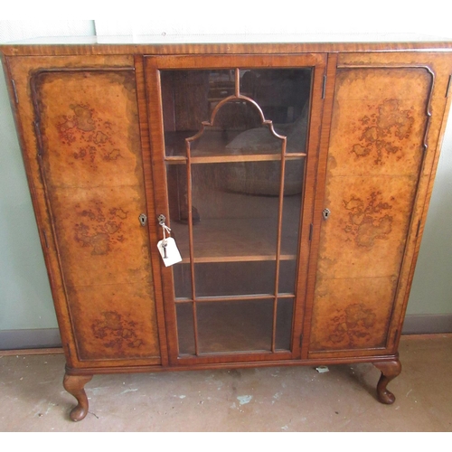 150 - 1940s walnut side cabinet with glazed centre and two burr panelled doors on cabriole legs W107cm D30... 