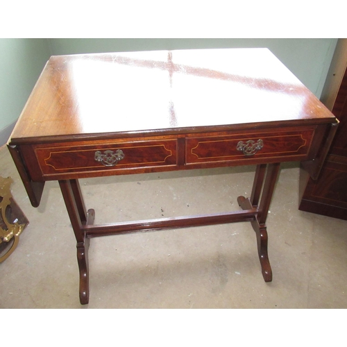 152 - Regency-style mahogany sofa table with two frieze drawers and two folding leafs on square supports W... 