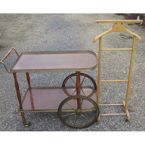 157 - Vintage drinks cart with two brass galleried tiers on metal spoked front wheels W.90cm D.44cm H.76cm... 