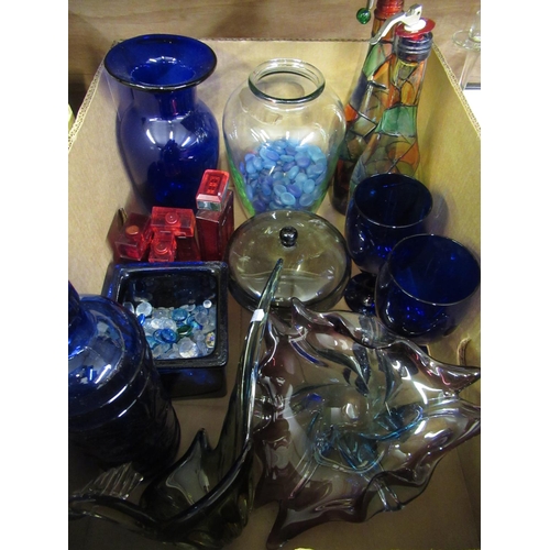 324 - Collection of glassware including two blue vases, two hand painted decanters with stoppers, clear gl... 