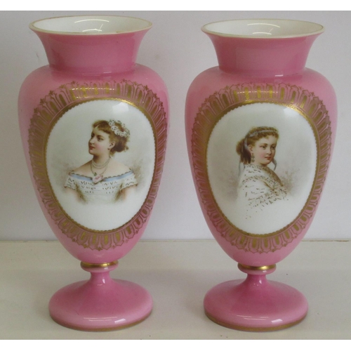 327 - Pair of Victorian vases with pink ground, portrait reserves with gilded surrounds