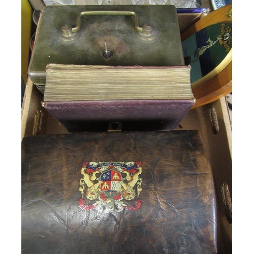 352 - Bible, wall mounted Royal Corps of Signals crest, a wooden chest shaped box and a green metal cashbo... 