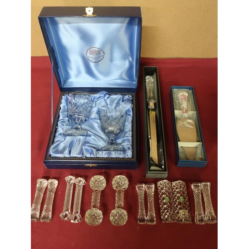67 - Royal Worcester Royal Garden cake knife, Thomas Webb crystal, two boxed wine glasses, Waterford brid... 
