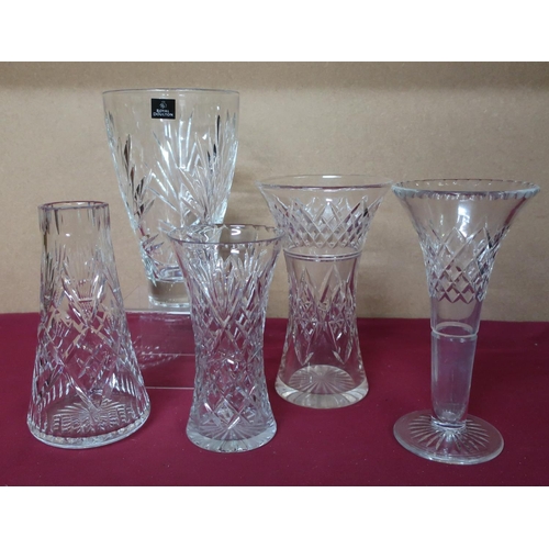 70 - Royal Doulton cut glass vase, Jaylynne English cut glass vase and three other cut glass vases (5)