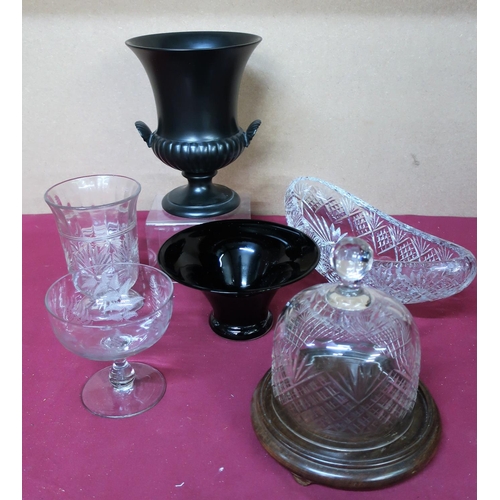 71 - Black Wedgwood urn shaped vase, cut glass celery jar, cut glass domed cheese cover with a circular w... 