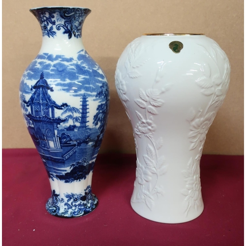 73 - Wedgwood vase, blue and white transfer print Oriental design, Waterford white vase 