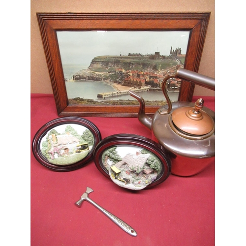 438 - Copper kettle, frame, pair of 3D circular frames and a small hammer (5)
