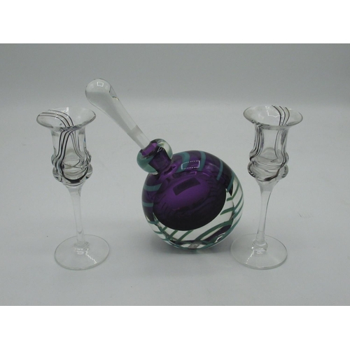 440 - Two small glasses with swirl pattern and an art deco style perfume bottle with signature.