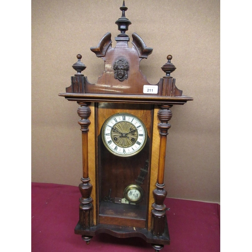 211 - 19th C walnut cased Vienna-style wall clock with two-train striking movement on a gong H88cm W35.5cm... 