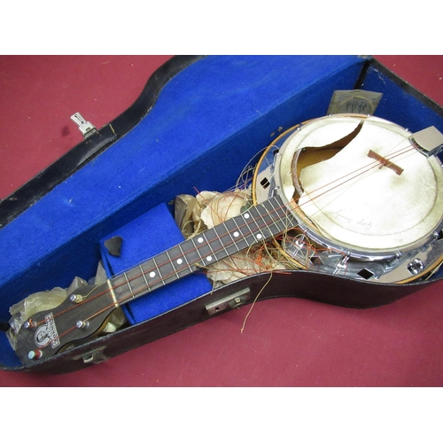 212 - Cased George Formby four string banjo with chrome plated and Birdseye maple body, mother of pearl fi... 