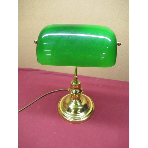 213 - Early 20th C style brass bankers-reading lamp circular moulded base with green adjustable mottled sh... 