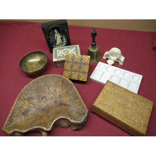 215 - Carved elm naturalistic fruit bowl, a burr walnut musical cigarette box with marquetry inlay, an oli... 