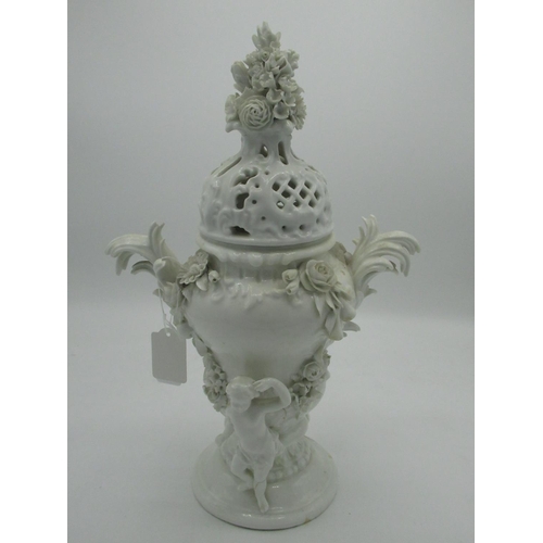 223 - 19th century Meissen blanc de Chine potpourri vase in the Rococo style, pierced lid surmounted by bo... 