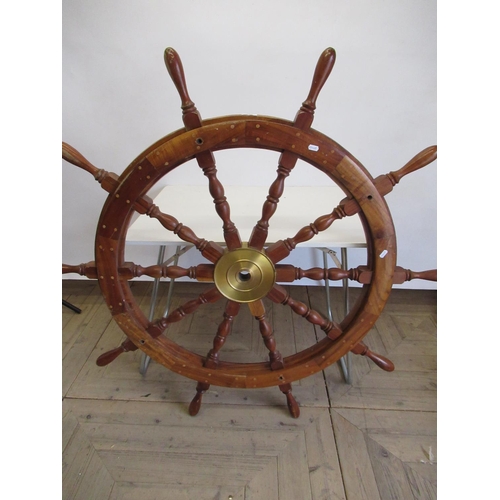 265 - Large decorative ships wheel with brass boss with inlaid detail, diameter.120cm