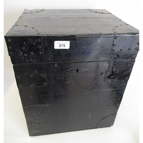 275 - Black painted wooden bound deed box with metal strap work detail and twin carrying handles H42cm W35... 